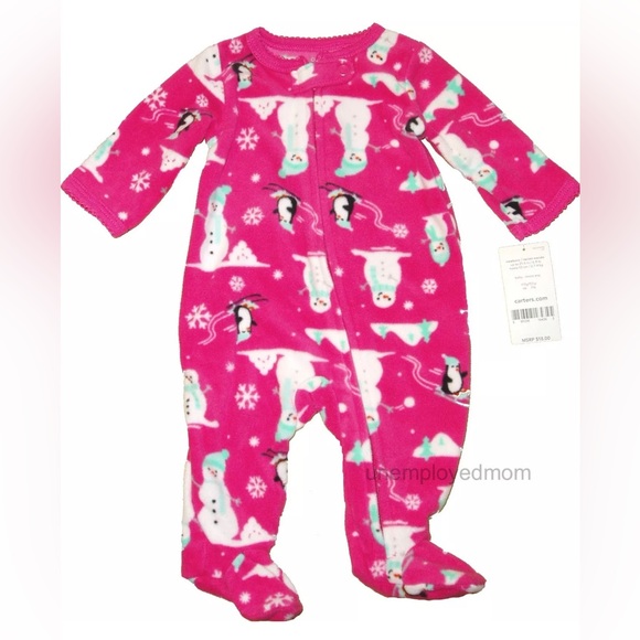 Girls Snowman Warm Outfit Zip Up Sleep Play Footie Jammie Sleeper Pajamas 3M - Picture 1 of 5